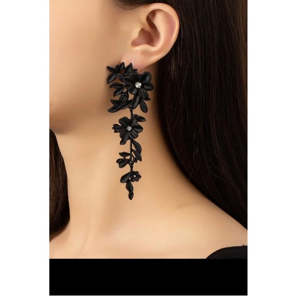 black flower earrings big rhinestone rose metal long wedding party  vine - Picture 1 of 4